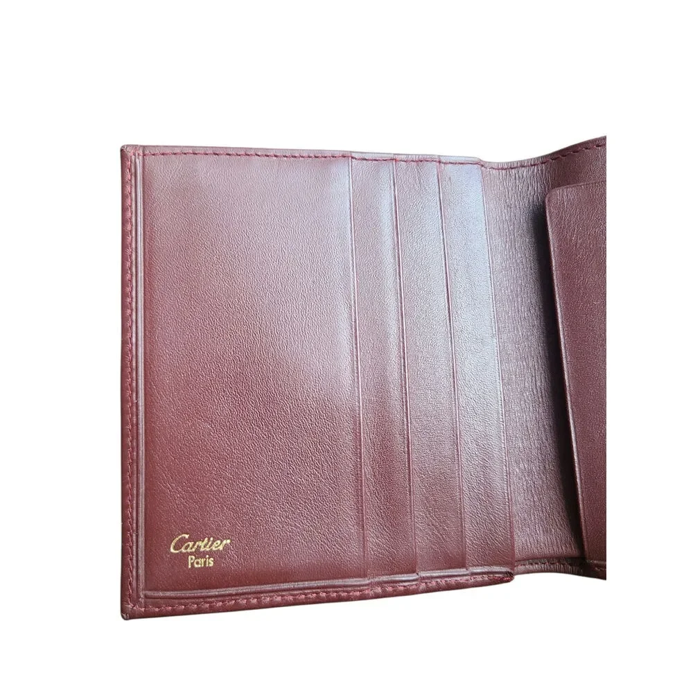 Vintage Must de Cartier Bordeaux Leather Trifold Wallet Kiss Lock Coin Purse - Picture 5 of 10